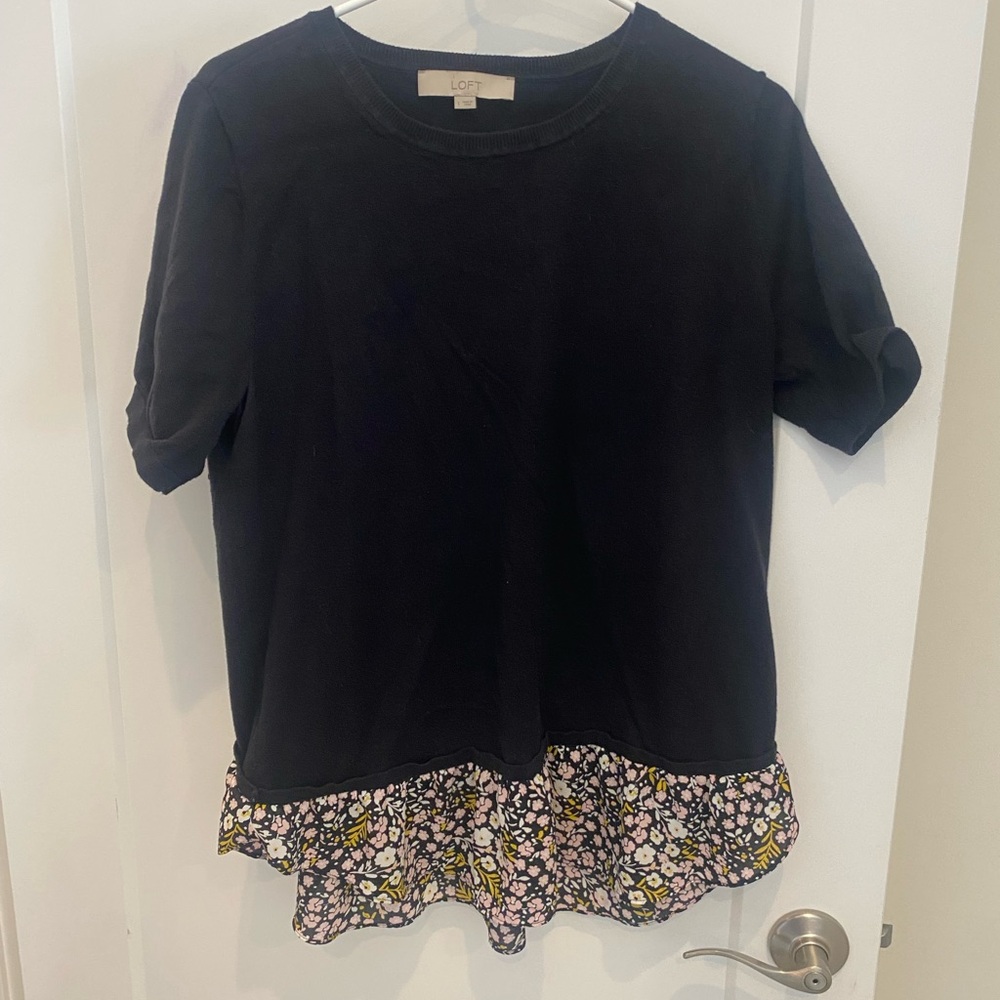 LOFT Black Top with Floral Ruffle Hem